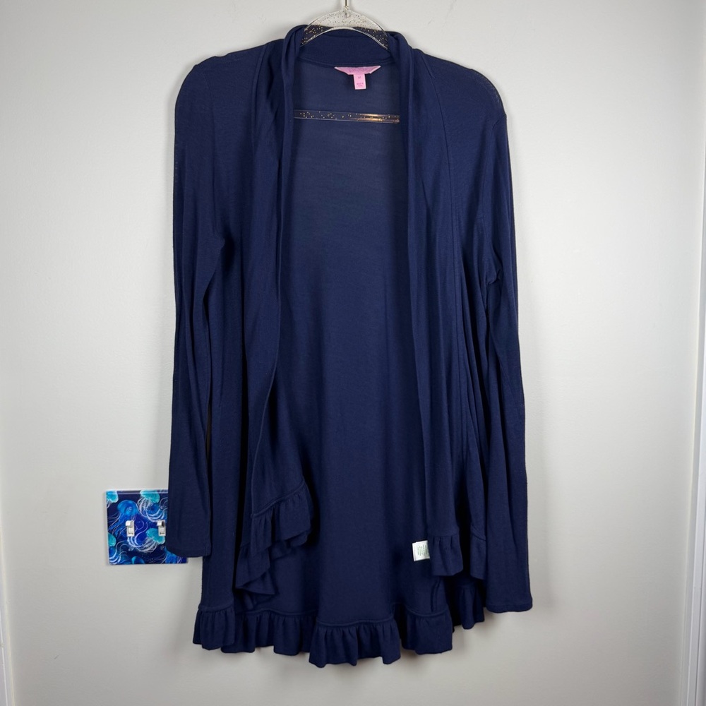 Lilly Pulitzer Navy Blue Ruffle Hem Open Front Cardigan Sweater Large Preppy
